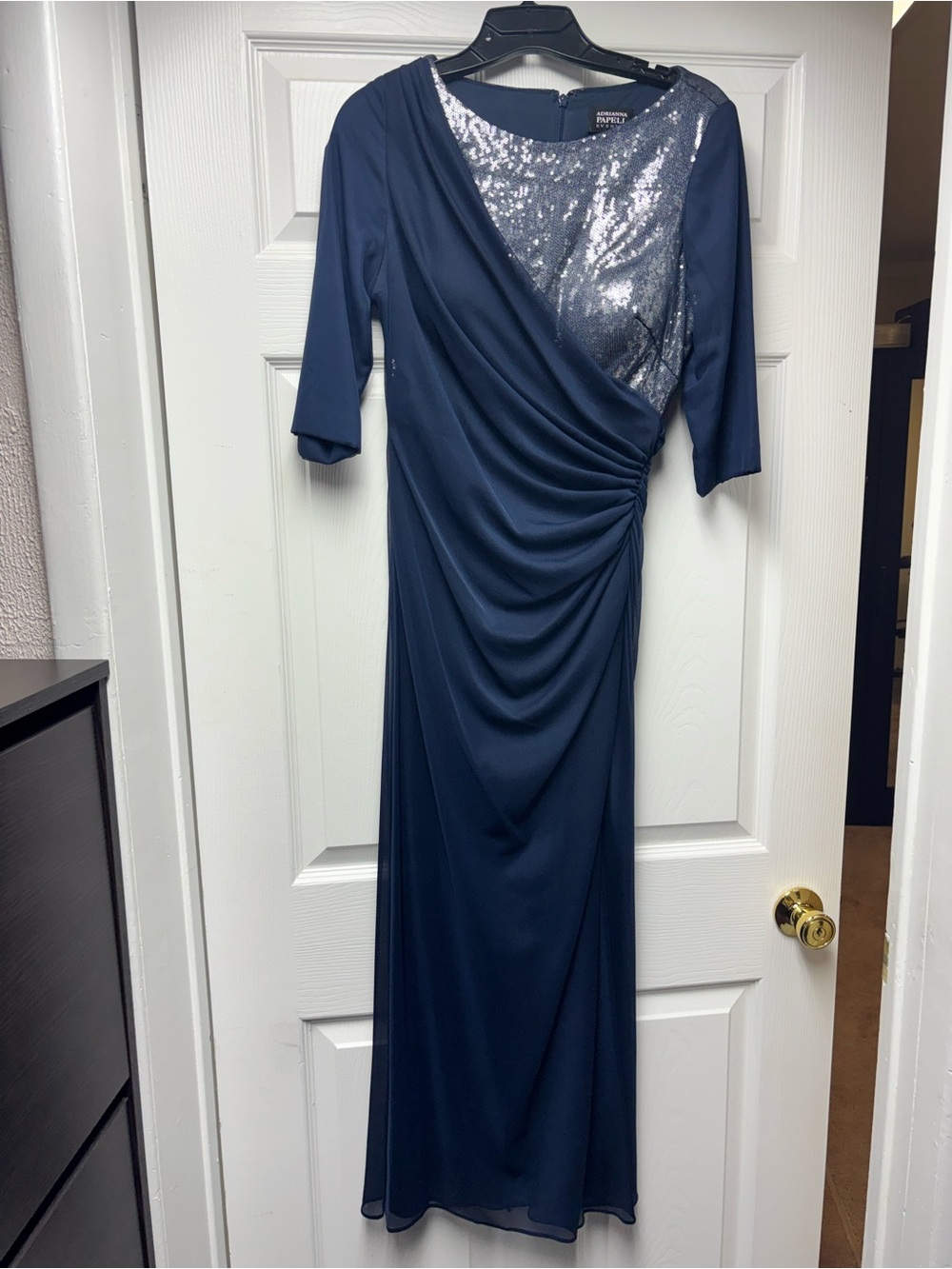 Adrianna Papell Navy Long Sleeve Sequin-Front Gown